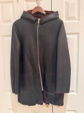 Sandro Black Leather Hooded Jacket with Burgundy Shearling Trim